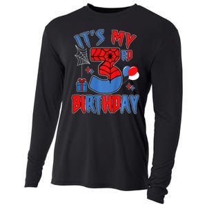 3rd Birthday Spider Web Theme Party Three 3 Year Bday Cooling Performance Long Sleeve Crew