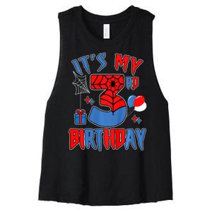 3rd Birthday Spider Web Theme Party Three 3 Year Bday Women's Racerback Cropped Tank