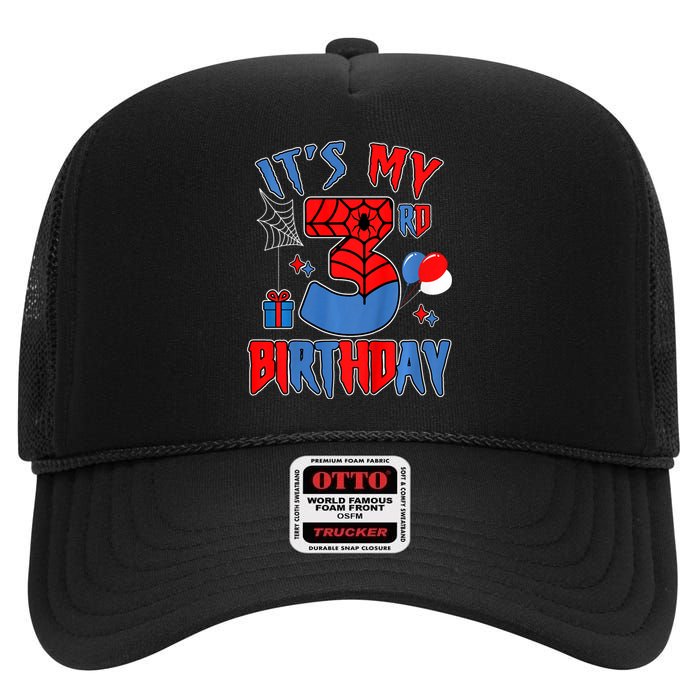 3rd Birthday Spider Web Theme Party Three 3 Year Bday High Crown Mesh Back Trucker Hat