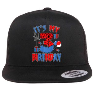 3rd Birthday Spider Web Theme Party Three 3 Year Bday Flat Bill Trucker Hat