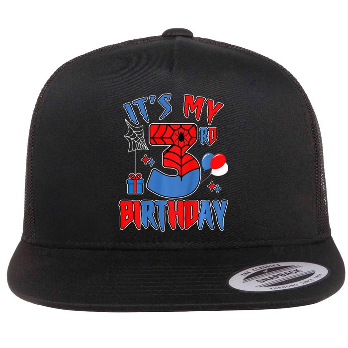 3rd Birthday Spider Web Theme Party Three 3 Year Bday Flat Bill Trucker Hat