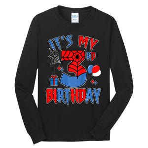 3rd Birthday Spider Web Theme Party Three 3 Year Bday Tall Long Sleeve T-Shirt