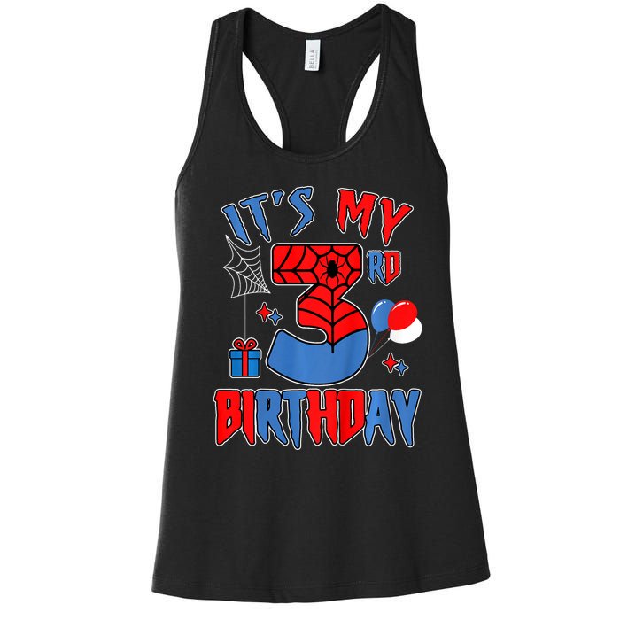 3rd Birthday Spider Web Theme Party Three 3 Year Bday Women's Racerback Tank