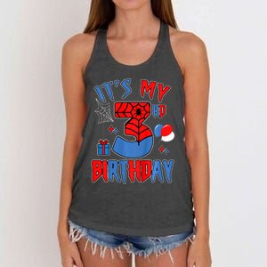 3rd Birthday Spider Web Theme Party Three 3 Year Bday Women's Knotted Racerback Tank