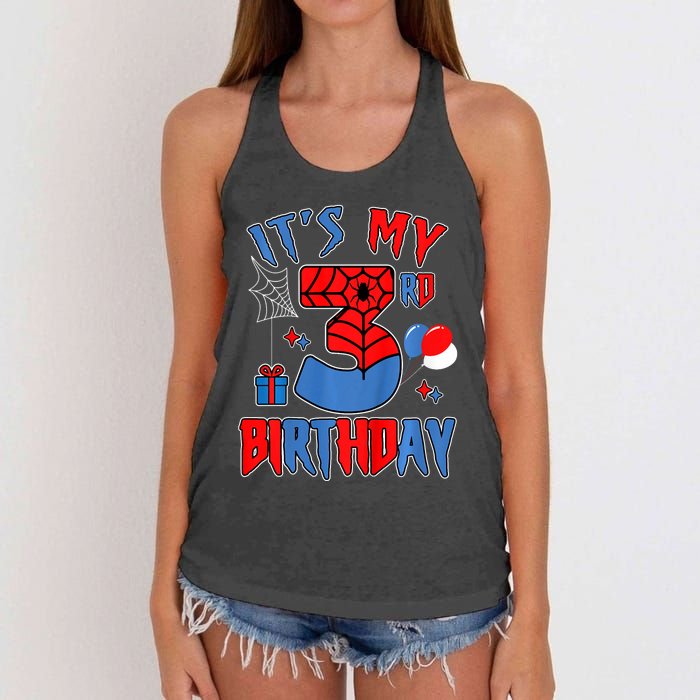 3rd Birthday Spider Web Theme Party Three 3 Year Bday Women's Knotted Racerback Tank