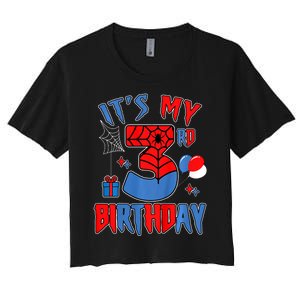 3rd Birthday Spider Web Theme Party Three 3 Year Bday Women's Crop Top Tee