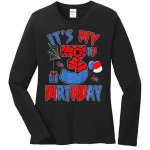 3rd Birthday Spider Web Theme Party Three 3 Year Bday Ladies Long Sleeve Shirt