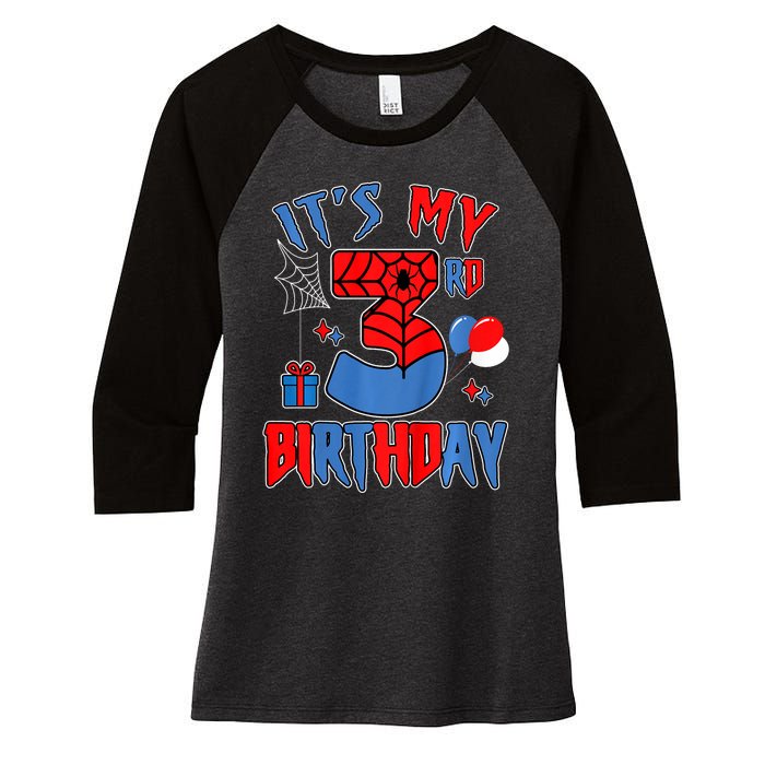 3rd Birthday Spider Web Theme Party Three 3 Year Bday Women's Tri-Blend 3/4-Sleeve Raglan Shirt