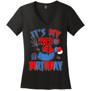 3rd Birthday Spider Web Theme Party Three 3 Year Bday Women's V-Neck T-Shirt