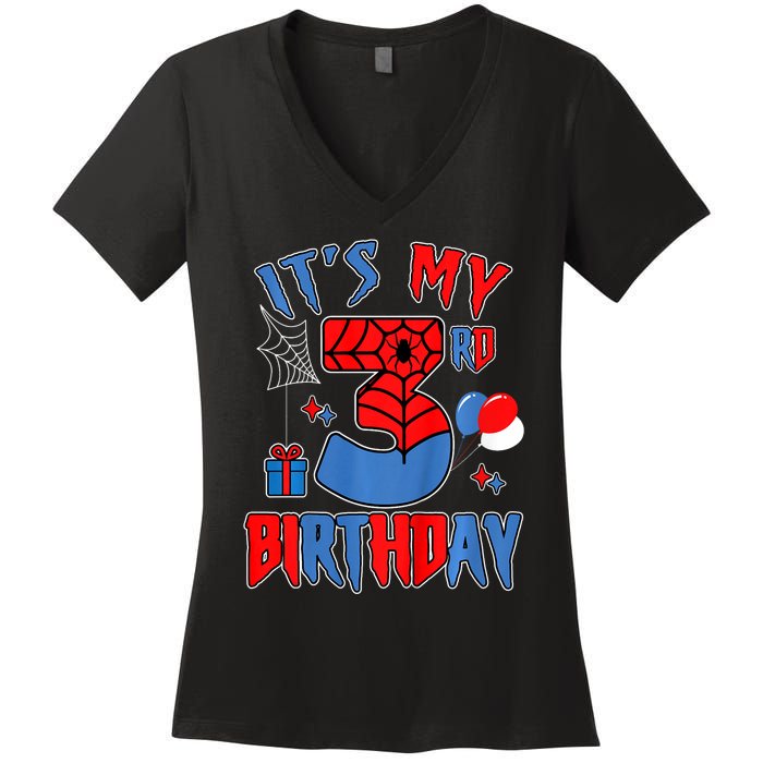 3rd Birthday Spider Web Theme Party Three 3 Year Bday Women's V-Neck T-Shirt