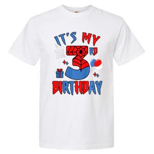 3rd Birthday Spider Web Theme Party Three 3 Year Bday Garment-Dyed Heavyweight T-Shirt