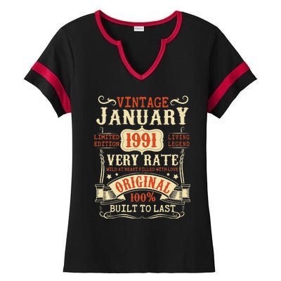 32th Birthday Vintage January 1991 32 Year Old Women Ladies Halftime Notch Neck Tee