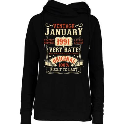 32th Birthday Vintage January 1991 32 Year Old Women Womens Funnel Neck Pullover Hood