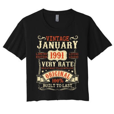 32th Birthday Vintage January 1991 32 Year Old Women Women's Crop Top Tee