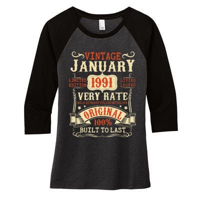 32th Birthday Vintage January 1991 32 Year Old Women Women's Tri-Blend 3/4-Sleeve Raglan Shirt