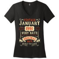 32th Birthday Vintage January 1991 32 Year Old Women Women's V-Neck T-Shirt