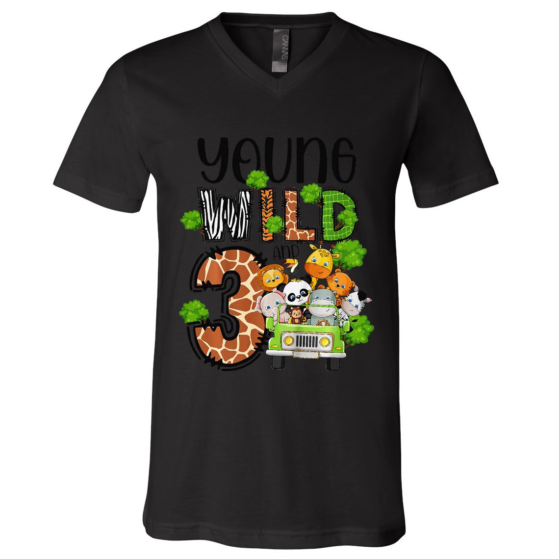 3rd Birthday Young Wild Three 3 Year Old Safari Zoo V-Neck T-Shirt