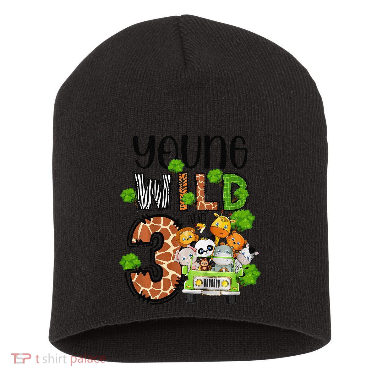 3rd Birthday Young Wild Three 3 Year Old Safari Zoo Short Acrylic Beanie