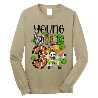 3rd Birthday Young Wild Three 3 Year Old Safari Zoo Long Sleeve Shirt