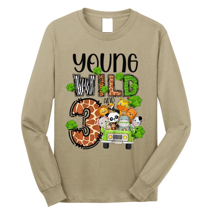 3rd Birthday Young Wild Three 3 Year Old Safari Zoo Long Sleeve Shirt
