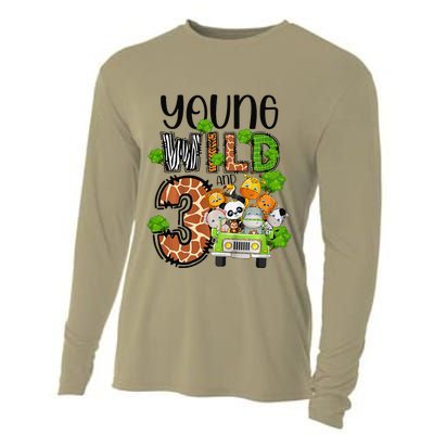 3rd Birthday Young Wild Three 3 Year Old Safari Zoo Cooling Performance Long Sleeve Crew