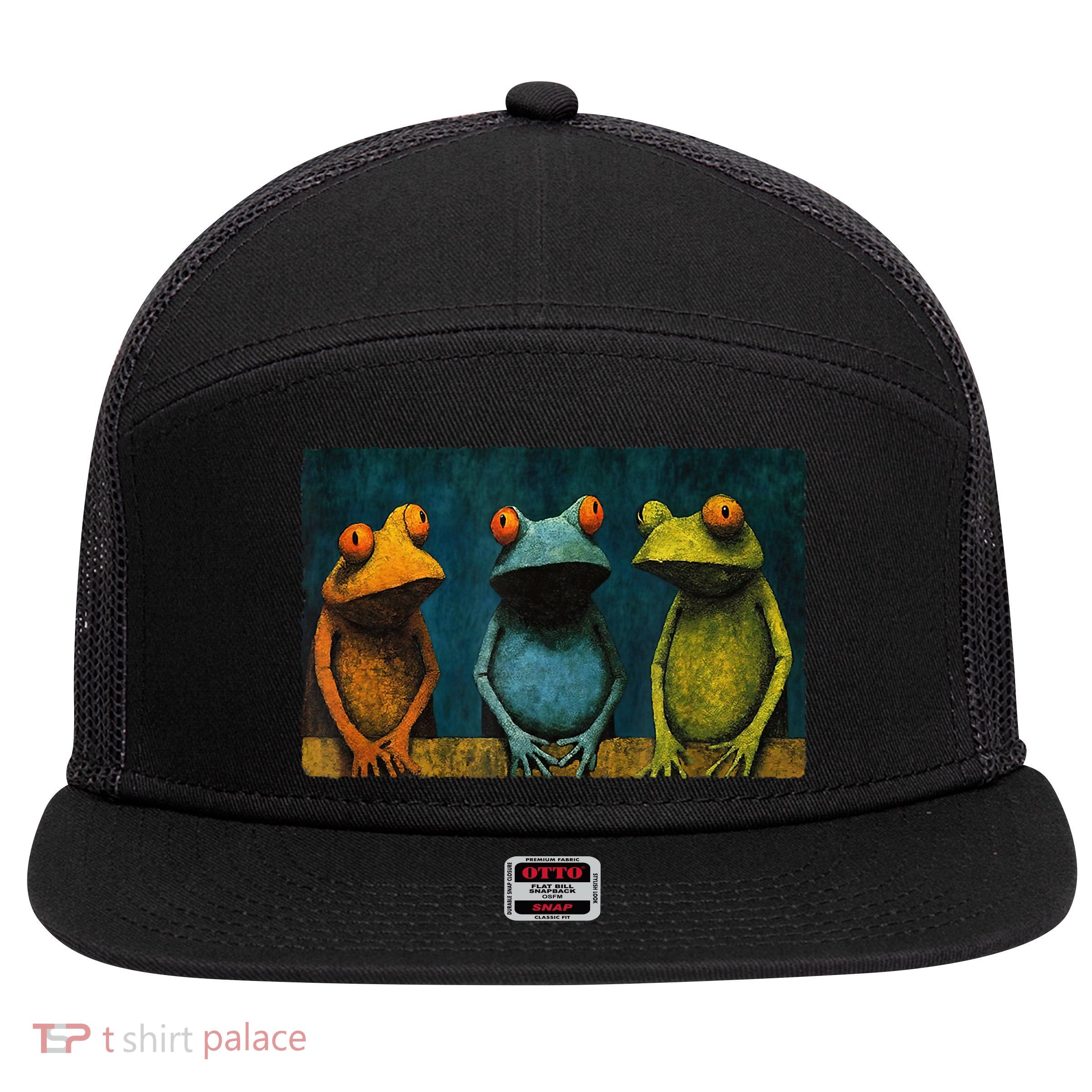 3 Cute Funny Frogs Men, Women, Frog Lovers 7 Panel Mesh Trucker Snapback Hat