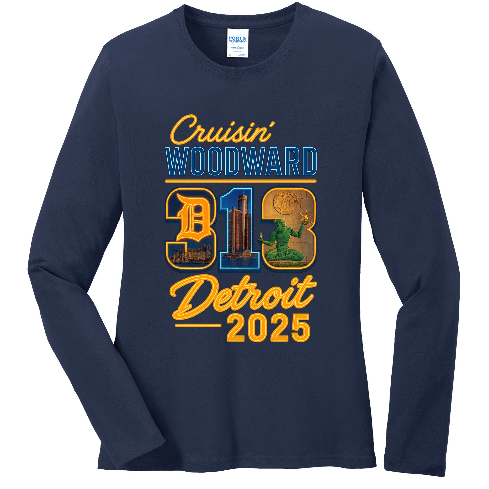 313 Cruisin' Woodward Detroit M1 2025 Ladies Long Sleeve Shirt