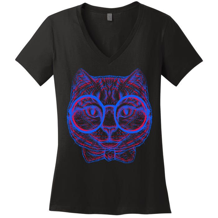 3D Trippy Cat Women's V-Neck T-Shirt