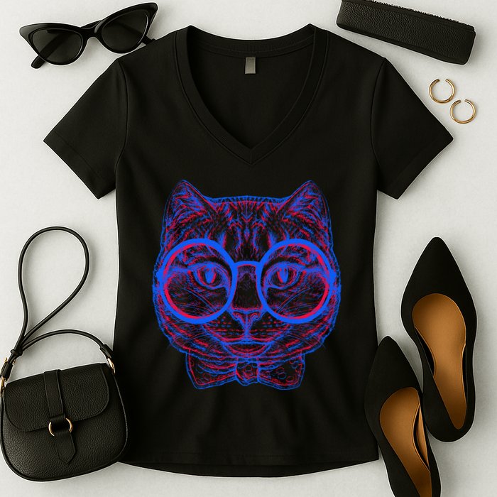 3D Trippy Cat Women's V-Neck T-Shirt