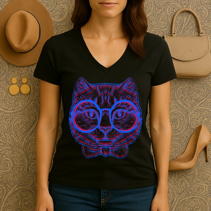 3D Trippy Cat Women's V-Neck T-Shirt
