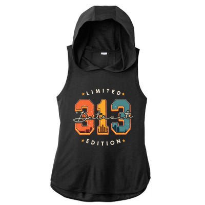 313 Detroit Area Code Skyline Ladies PosiCharge Tri-Blend Wicking Draft Hoodie Tank