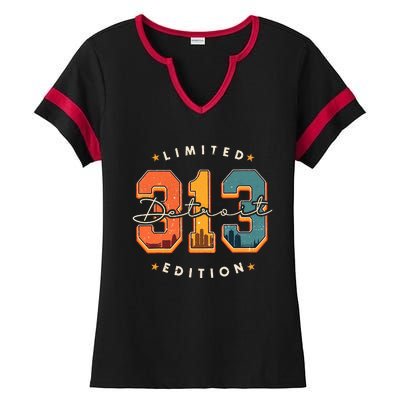 313 Detroit Area Code Skyline Ladies Halftime Notch Neck Tee