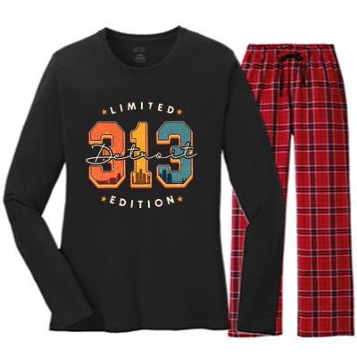 313 Detroit Area Code Skyline Women's Long Sleeve Flannel Pajama Set 