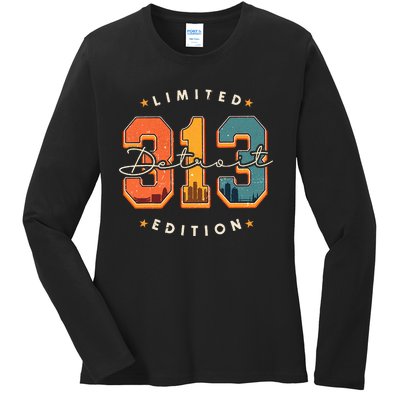 313 Detroit Area Code Skyline Ladies Long Sleeve Shirt