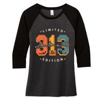 313 Detroit Area Code Skyline Women's Tri-Blend 3/4-Sleeve Raglan Shirt