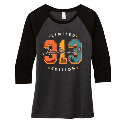 313 Detroit Area Code Skyline Women's Tri-Blend 3/4-Sleeve Raglan Shirt