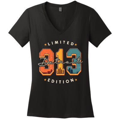 313 Detroit Area Code Skyline Women's V-Neck T-Shirt