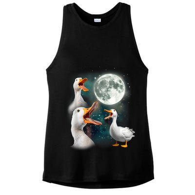 3 Ducks Howl At Moon Funny Weird Cursed Pekin Duck Lover Ladies PosiCharge Tri-Blend Wicking Tank