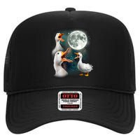 3 Ducks Howl At Moon Funny Weird Cursed Pekin Duck Lover High Crown Mesh Back Trucker Hat