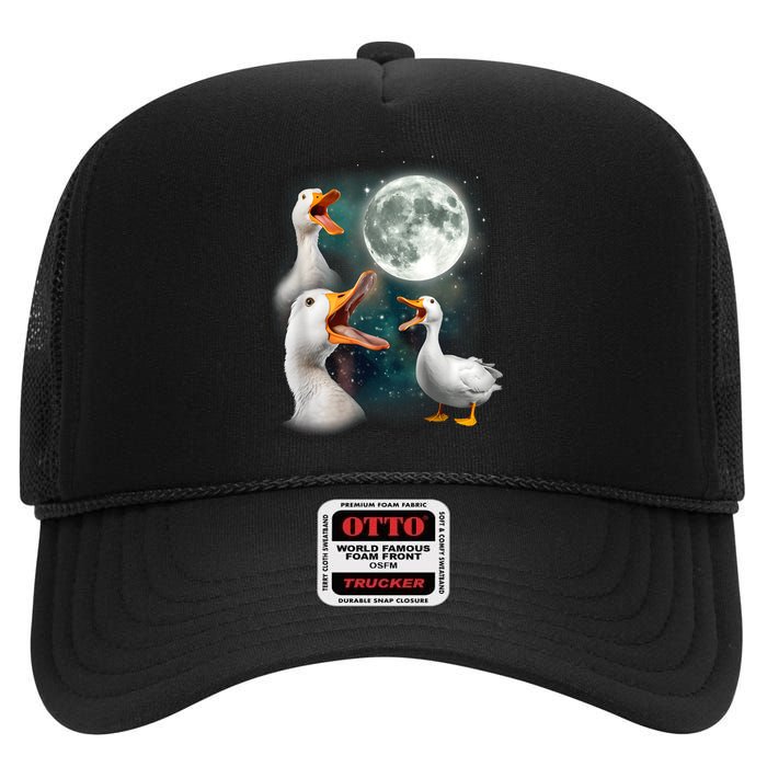 3 Ducks Howl At Moon Funny Weird Cursed Pekin Duck Lover High Crown Mesh Back Trucker Hat