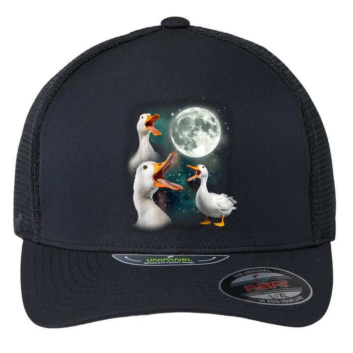 3 Ducks Howl At Moon Funny Weird Cursed Pekin Duck Lover Flexfit Unipanel Trucker Cap