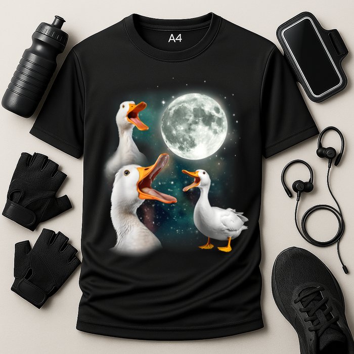 3 Ducks Howl At Moon Funny Weird Cursed Pekin Duck Lover Performance Shirt