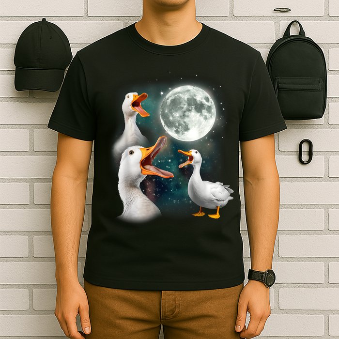 3 Ducks Howl At Moon Funny Weird Cursed Pekin Duck Lover T-Shirt