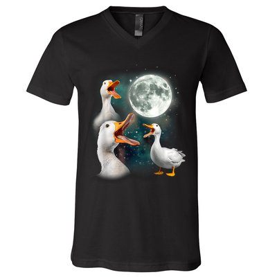 3 Ducks Howl At Moon Funny Weird Cursed Pekin Duck Lover V-Neck T-Shirt
