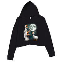 3 Ducks Howl At Moon Funny Weird Cursed Pekin Duck Lover Crop Fleece Hoodie
