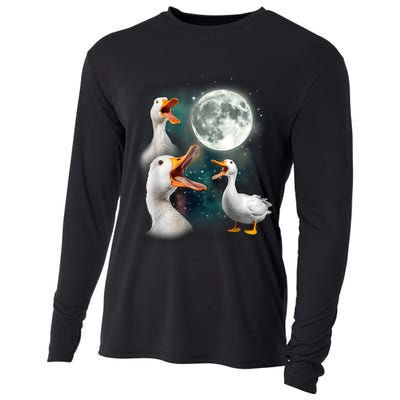 3 Ducks Howl At Moon Funny Weird Cursed Pekin Duck Lover Cooling Performance Long Sleeve Crew