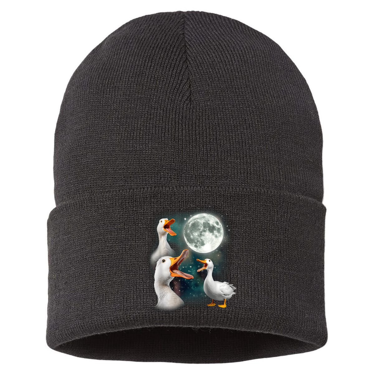 3 Ducks Howl At Moon Funny Weird Cursed Pekin Duck Lover Sustainable Knit Beanie