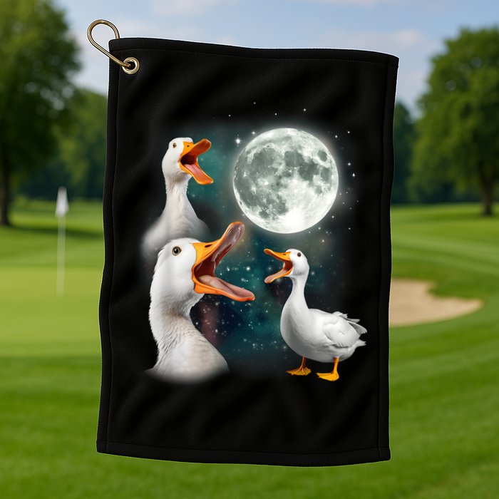 3 Ducks Howl At Moon Funny Weird Cursed Pekin Duck Lover Golf Towel