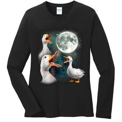 3 Ducks Howl At Moon Funny Weird Cursed Pekin Duck Lover Ladies Long Sleeve Shirt