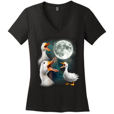 3 Ducks Howl At Moon Funny Weird Cursed Pekin Duck Lover Women's V-Neck T-Shirt